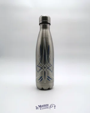 Bouteille inox argentée peinte à la main, motif pinstriping blanc et bleu - vue de face
