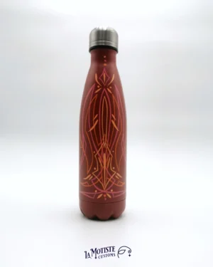 Bouteille inox rouge peinte à la main, motif pinstriping orange et rose - vue de face