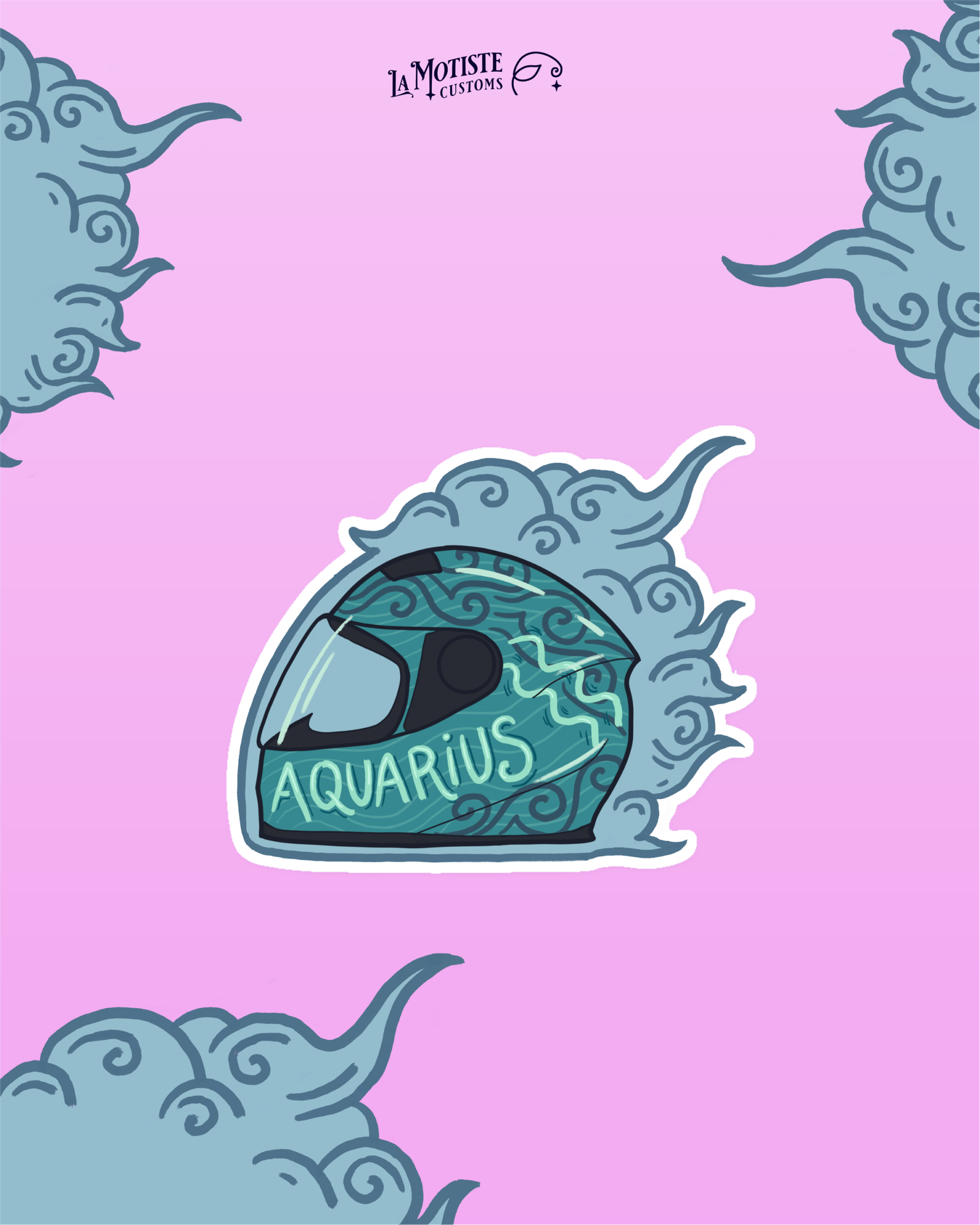 Design du stickers casque verseaux. Le casque turquoise est décoré de volutes d'air et d'eaux pour le représenter.