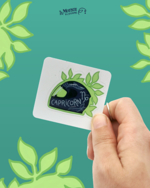 Photo de stickers casque Capricorne. Le casque bleu marine est de profil et décoré d'une corne et d'une queue de poisson pour rappeler la créature associée à ce signe.