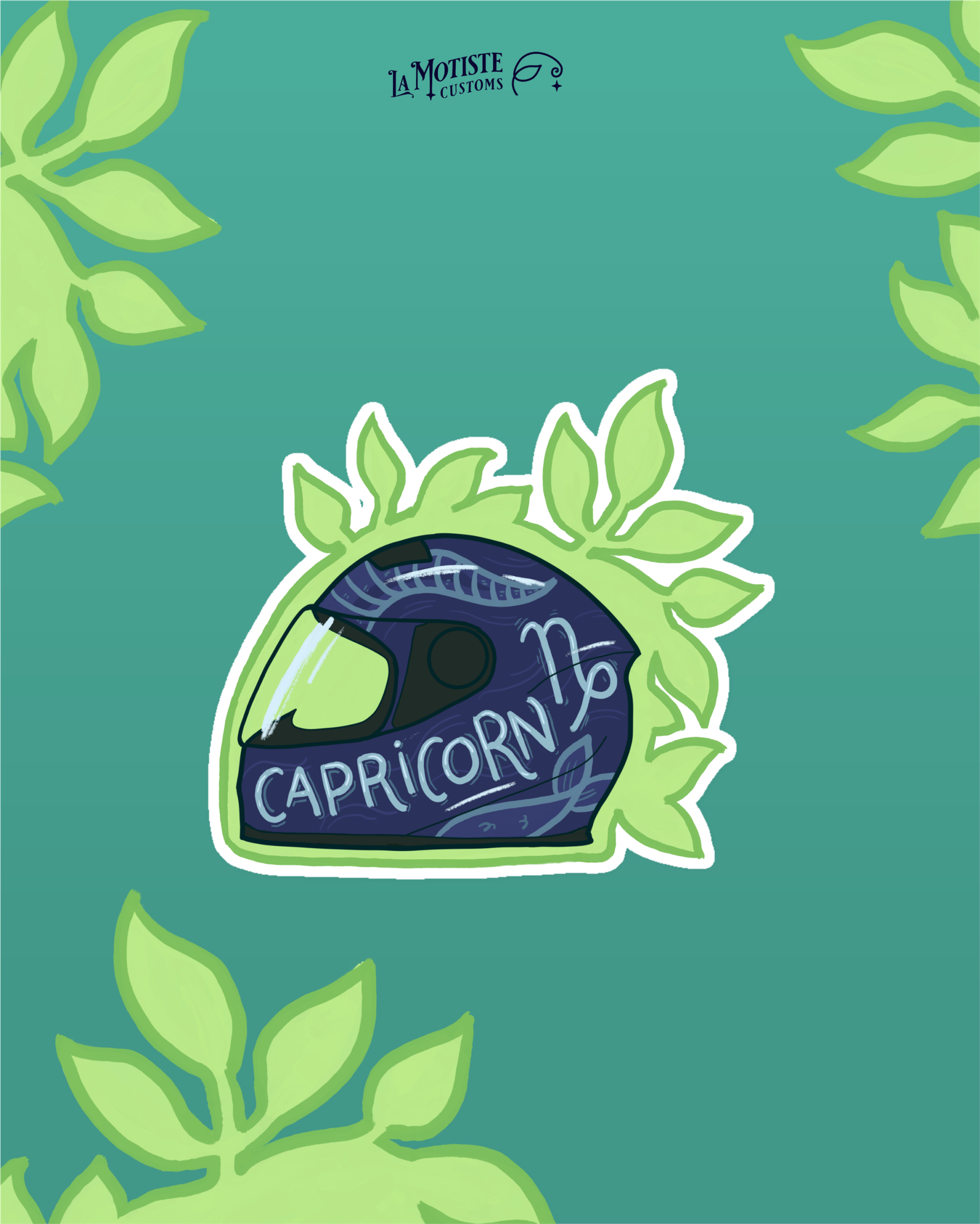 Design de stickers casque Capricorne. Le casque bleu marine est de profil et décoré d'une corne et d'une queue de poisson pour rappeler la créature associée à ce signe.