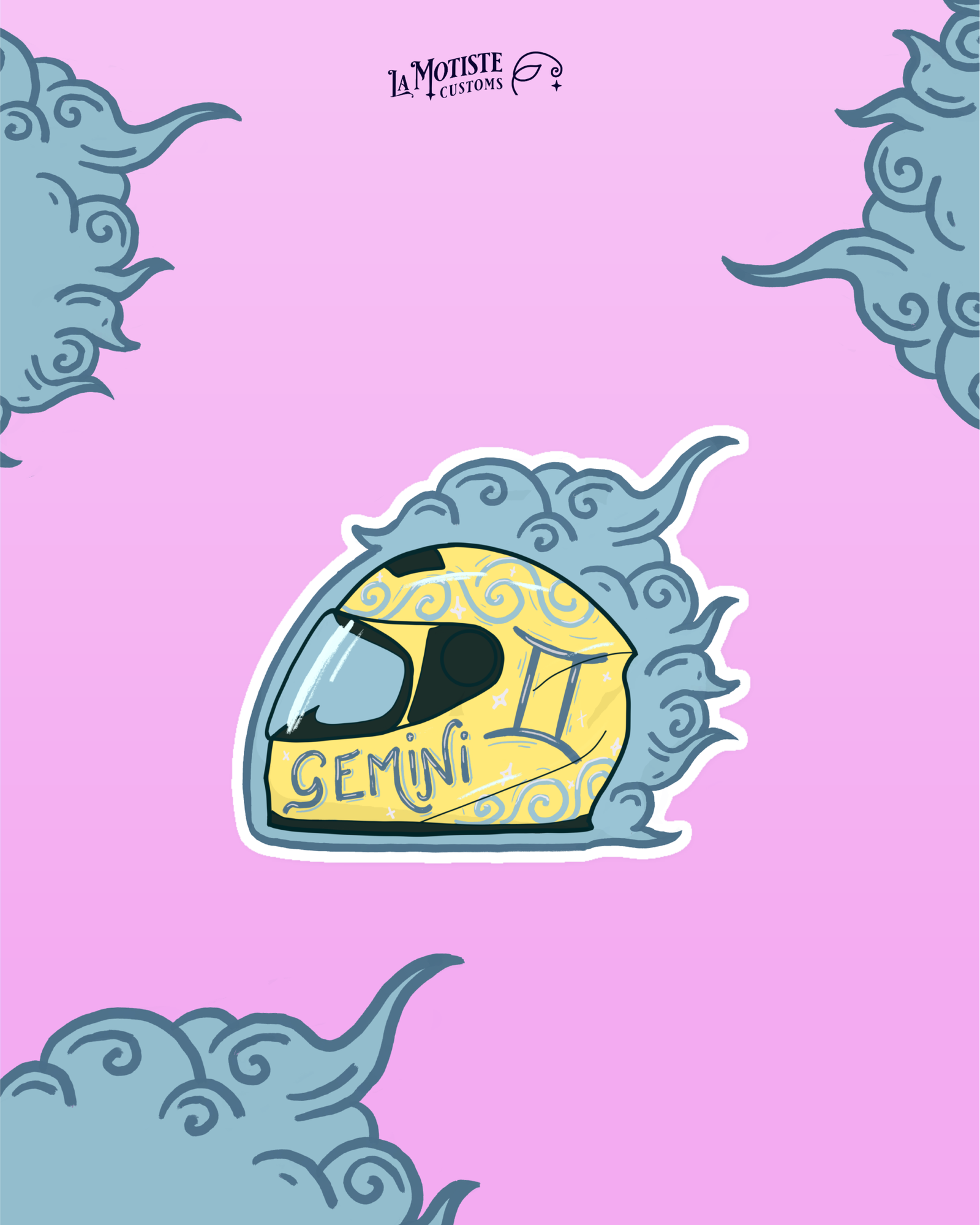 Design du stickers Gémeaux, qui représente un casque de moto de profil, décoré selon le signe gémeaux : jaune, avec des étoiles et volutes d'air. Le casque est entouré de nuages pour symboliser son élément : l'air.