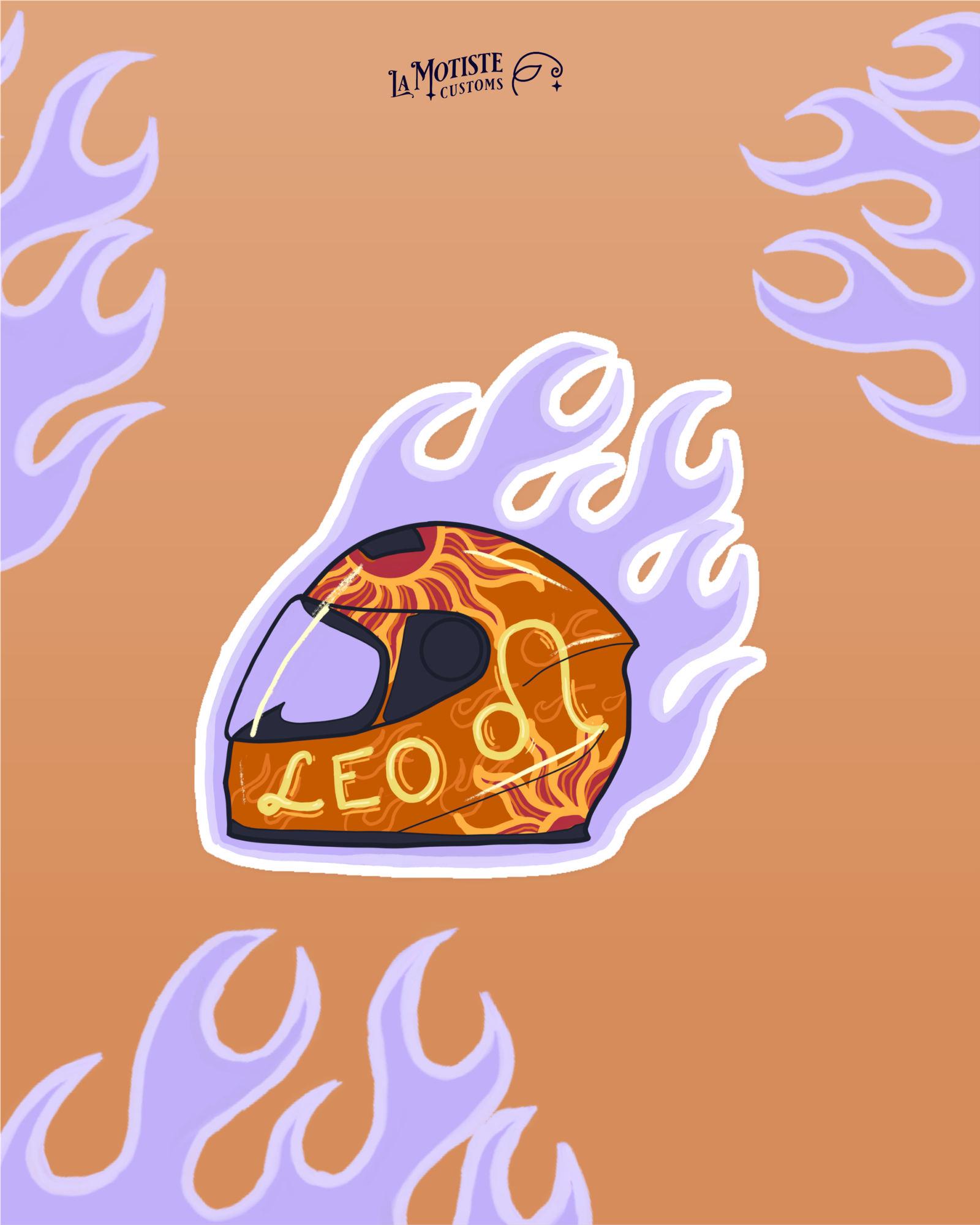 Design du stickers casque Lion. Le casque de profil est décoré de soleils et flammes pour représenter ce signe.