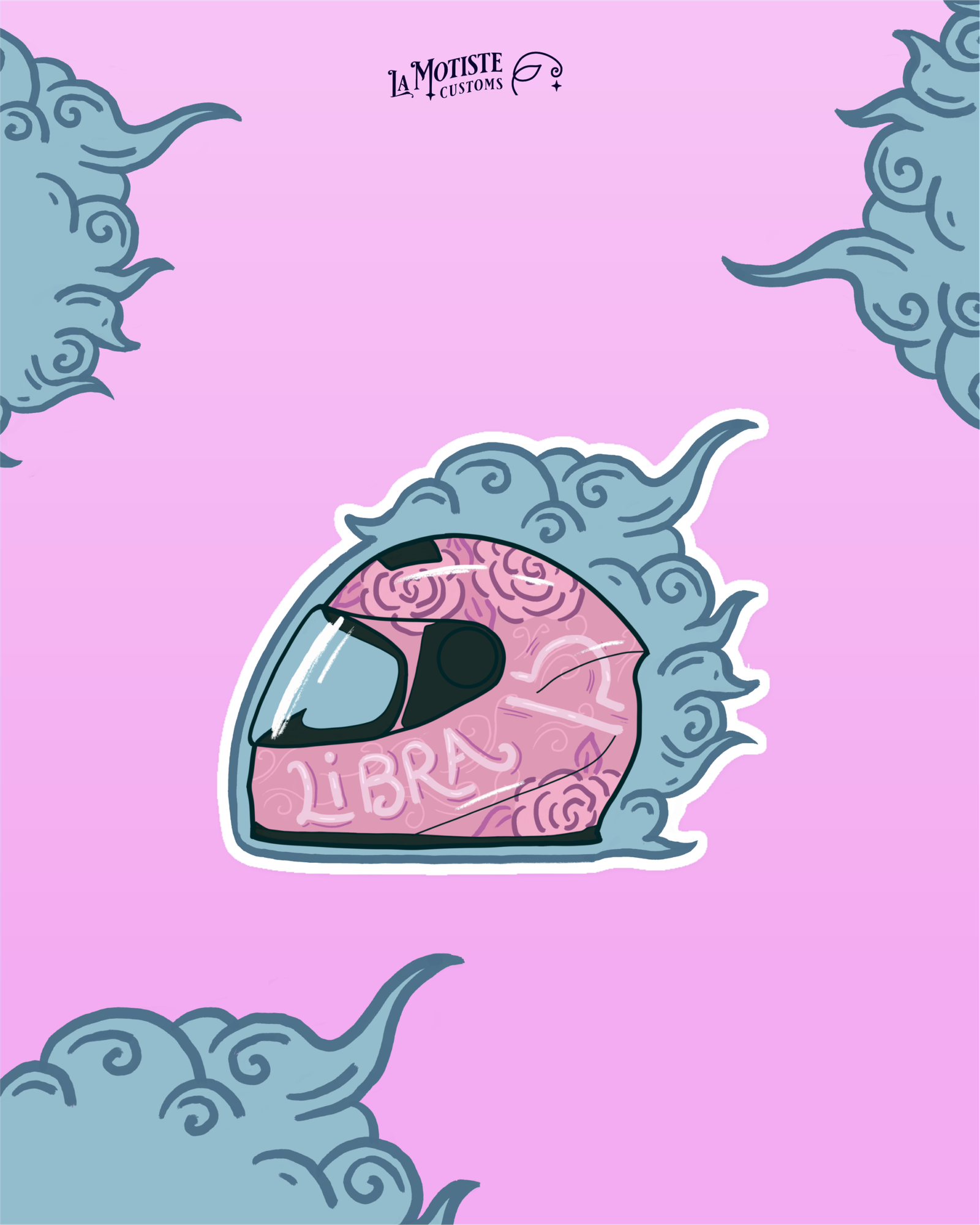 Design de stickers casque Balance. Le casque rose est vu de profil, et décoré de roses pour symboliser le glamour du signe de la balance