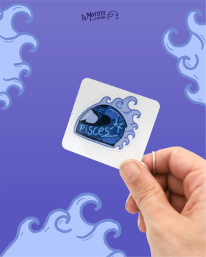 Design de stickers casque Poissons. Le casque est de profil, bleu, et décoré de bulles, nageoires et écailles de poissons