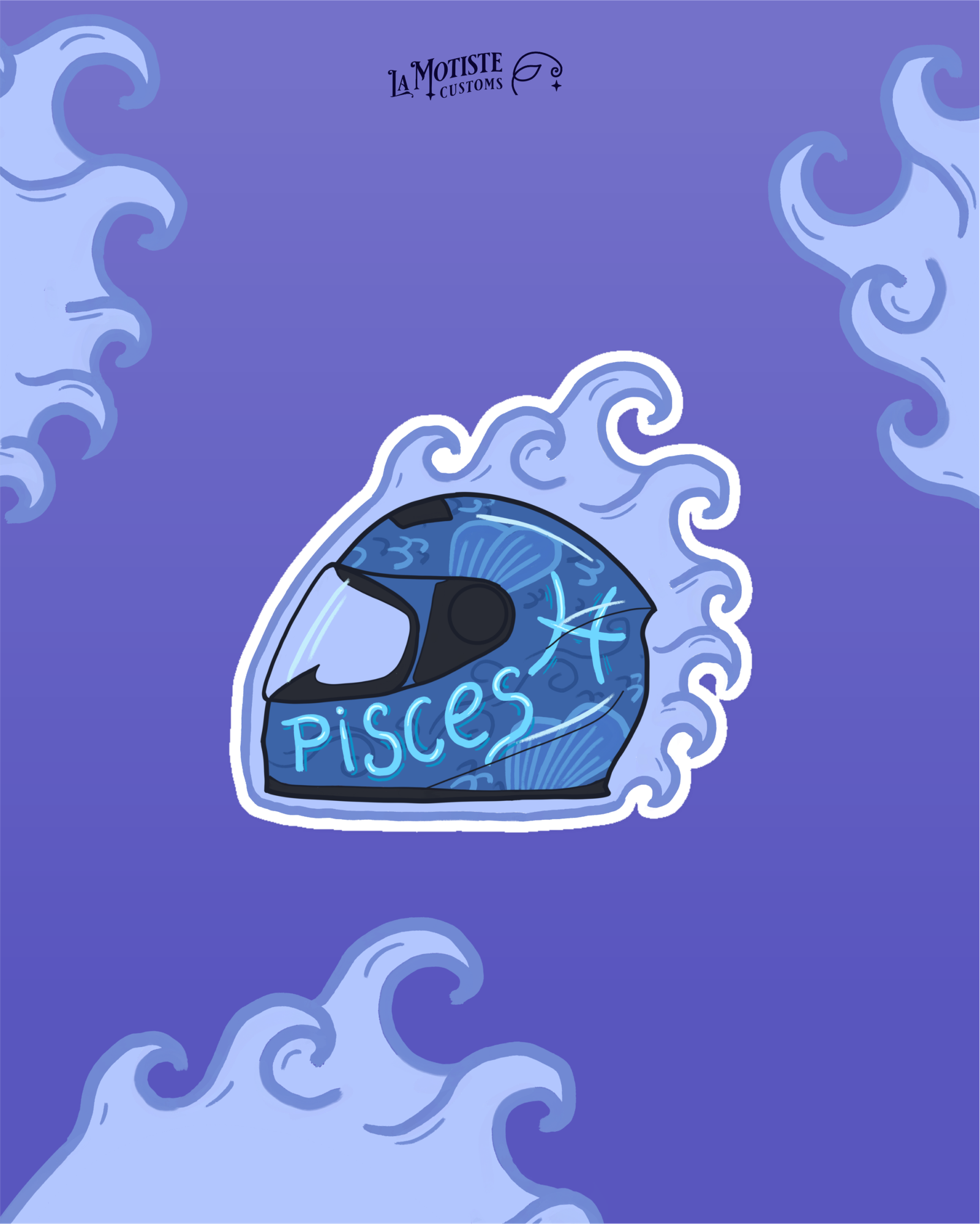 Design de stickers casque Poissons. Le casque est de profil, bleu, et décoré de bulles, nageoires et écailles de poissons