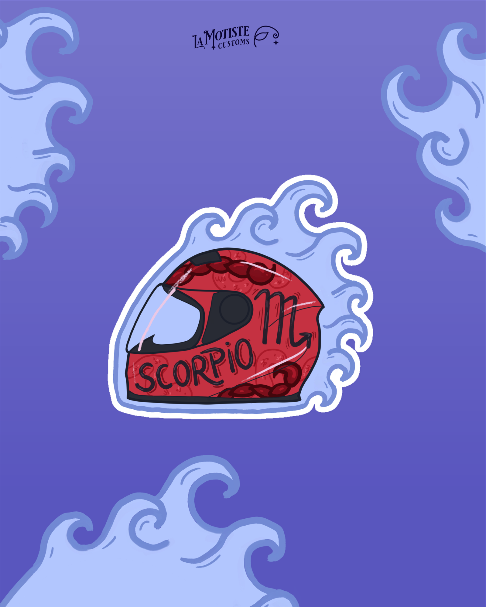 Design de stickers casque scorpion. Le casque rouge est vu de profil, décoré de serpents et queues de scorpions et entouré de vagues bleues.