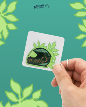 Photo du stickers casque taureaux. Le casque de profil est vert foncé, décoré de feuilles et de fleurs