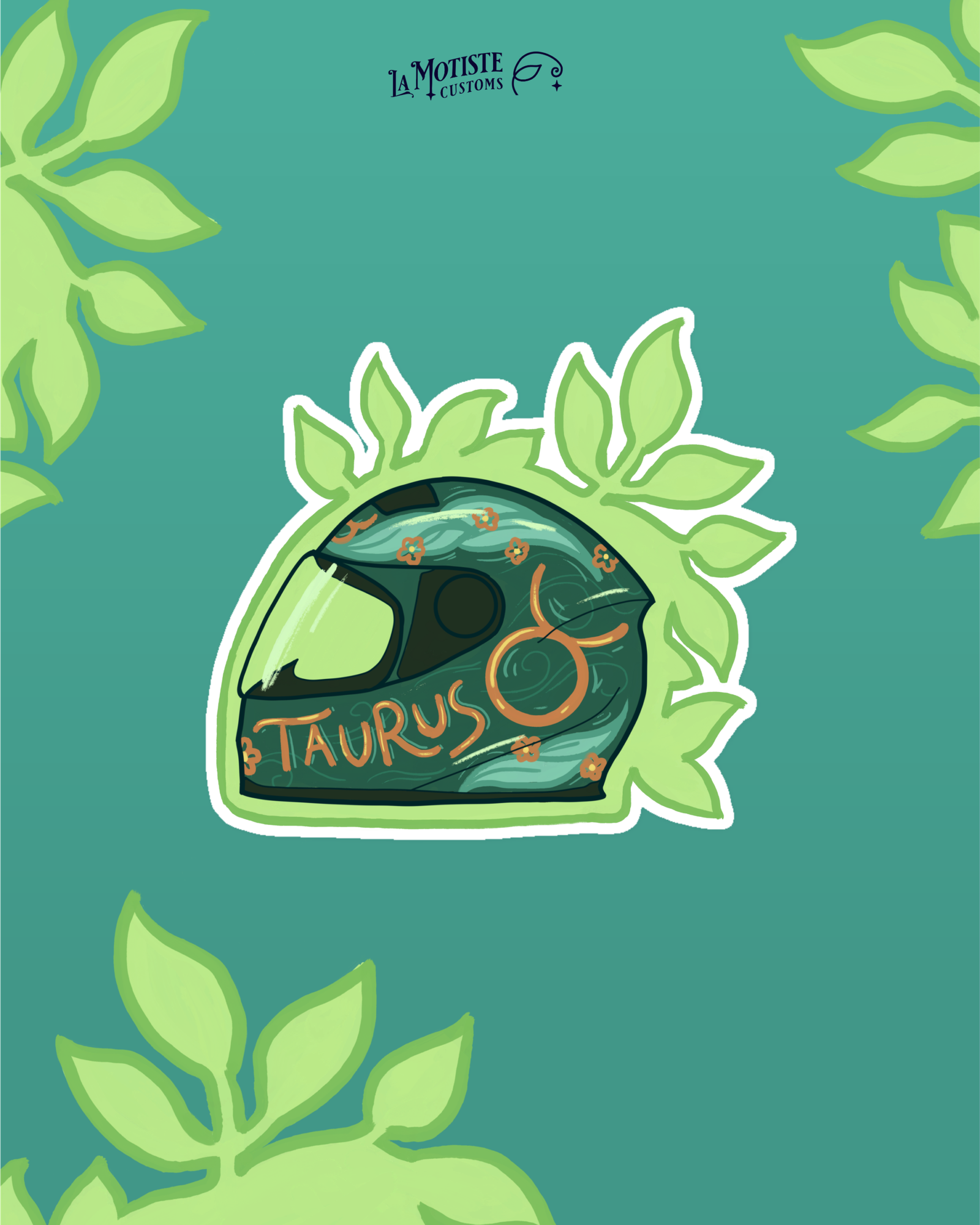 Design du stickers casque taureaux. Le casque de profil est vert foncé, décoré de feuilles et de fleurs