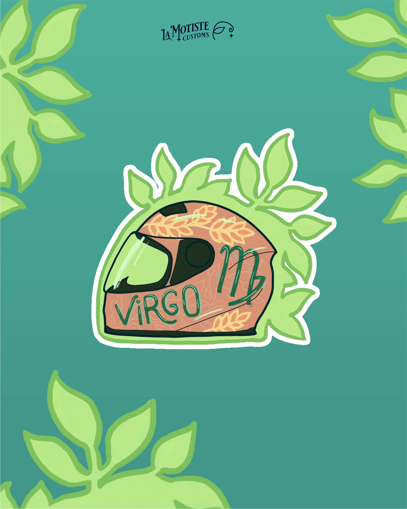 Design du stickers casque Vierge. Le casque beige est vu de profil et est décoré d'épis de blé pour représenter le côté nourricier et nature de la vierge.